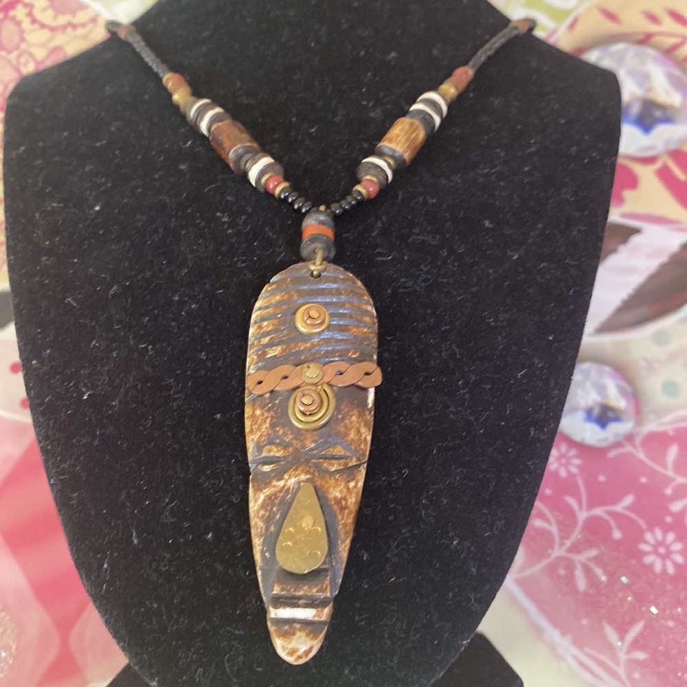 Vintage Native Handcrafted Mask Face Figurine with beads necklace